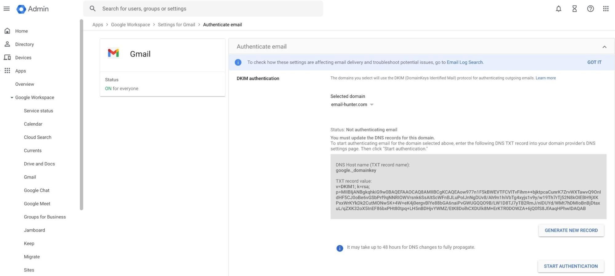 Google Workspace settings showing a public DKIM key