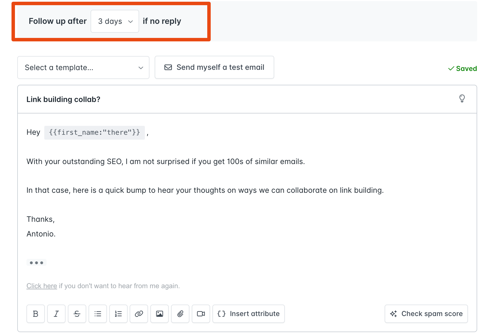 Hunter Campaigns interface element that allows scheduling email follow-ups