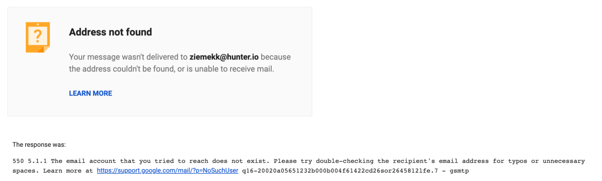 A bounce-back message informing the sender that the email account they tried to reach does not exist