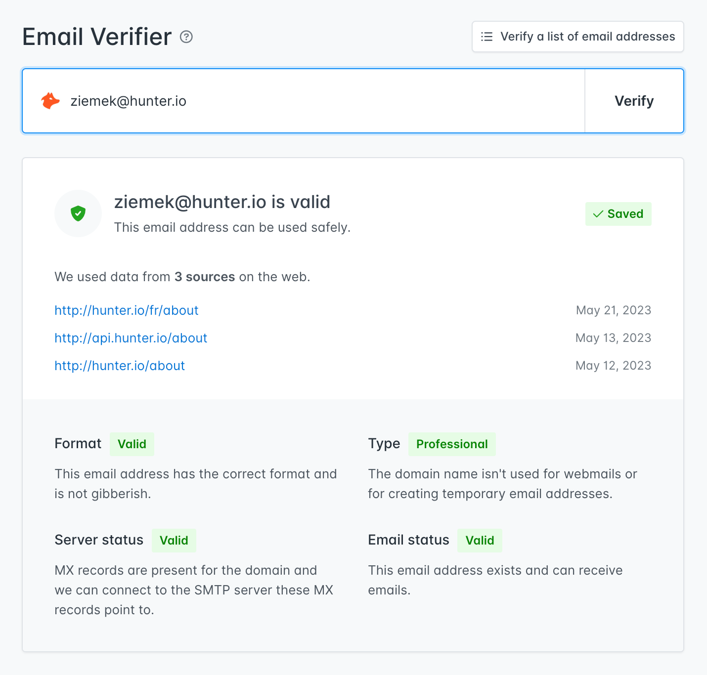 Hunter Email Verifier user interface