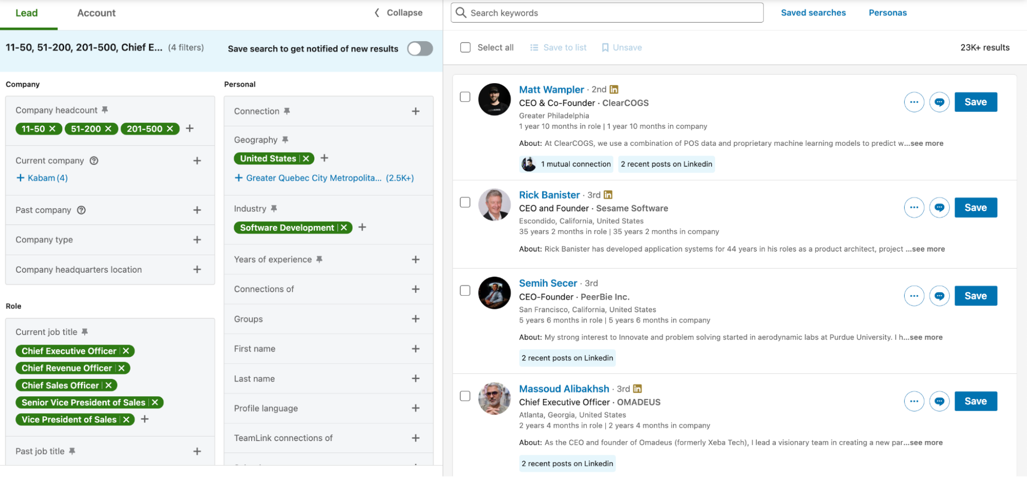 LinkedIn Sales Navigator interface with filters applied that correspond with a wide ICP