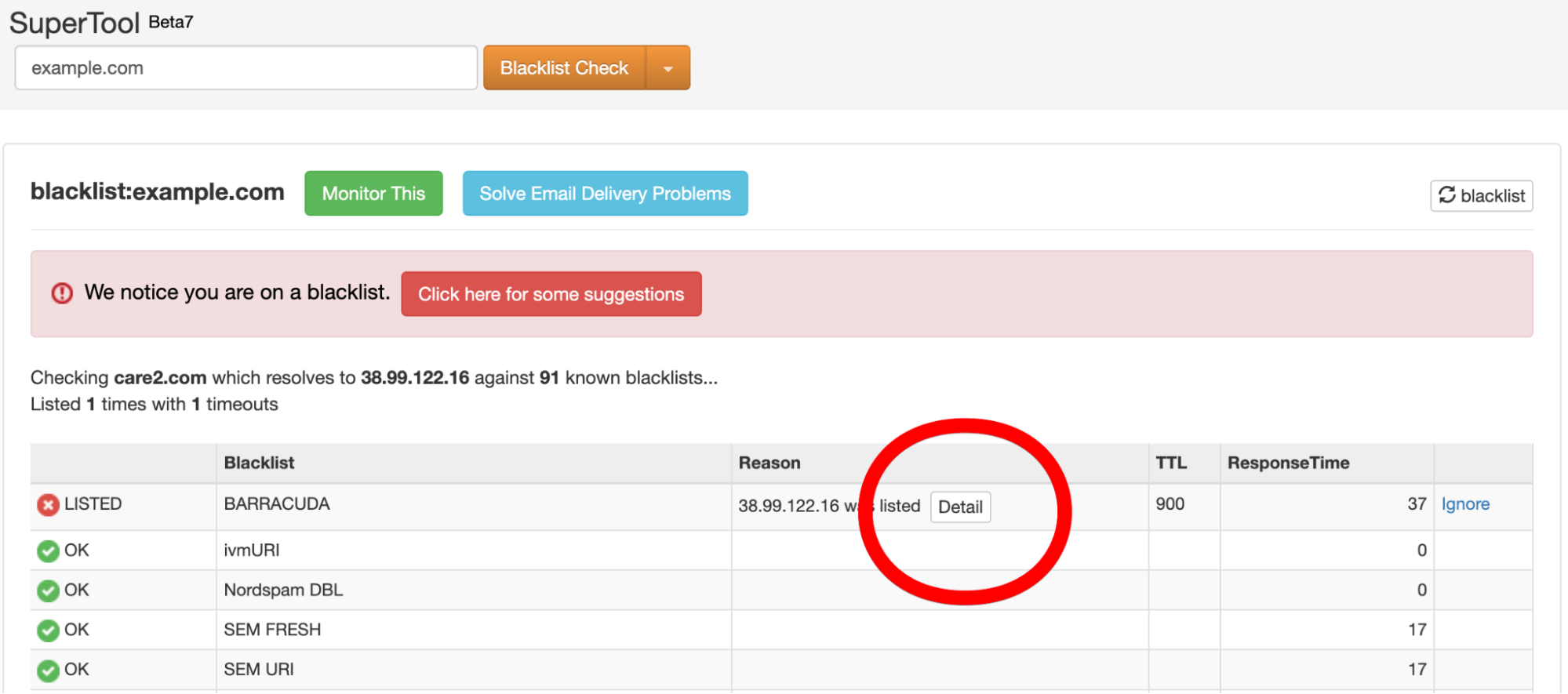 MXtoolbox report showing a specific blocklist