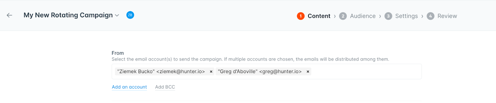 Hunter Campaigns interface allowing the use of multiple email accounts to send a single campaign