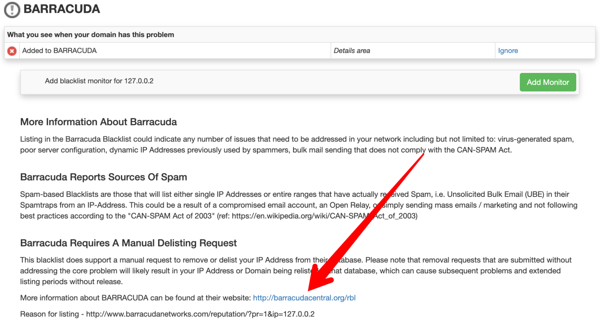 MXtoolbox providing details about how a specific blocklist works and the delisting process