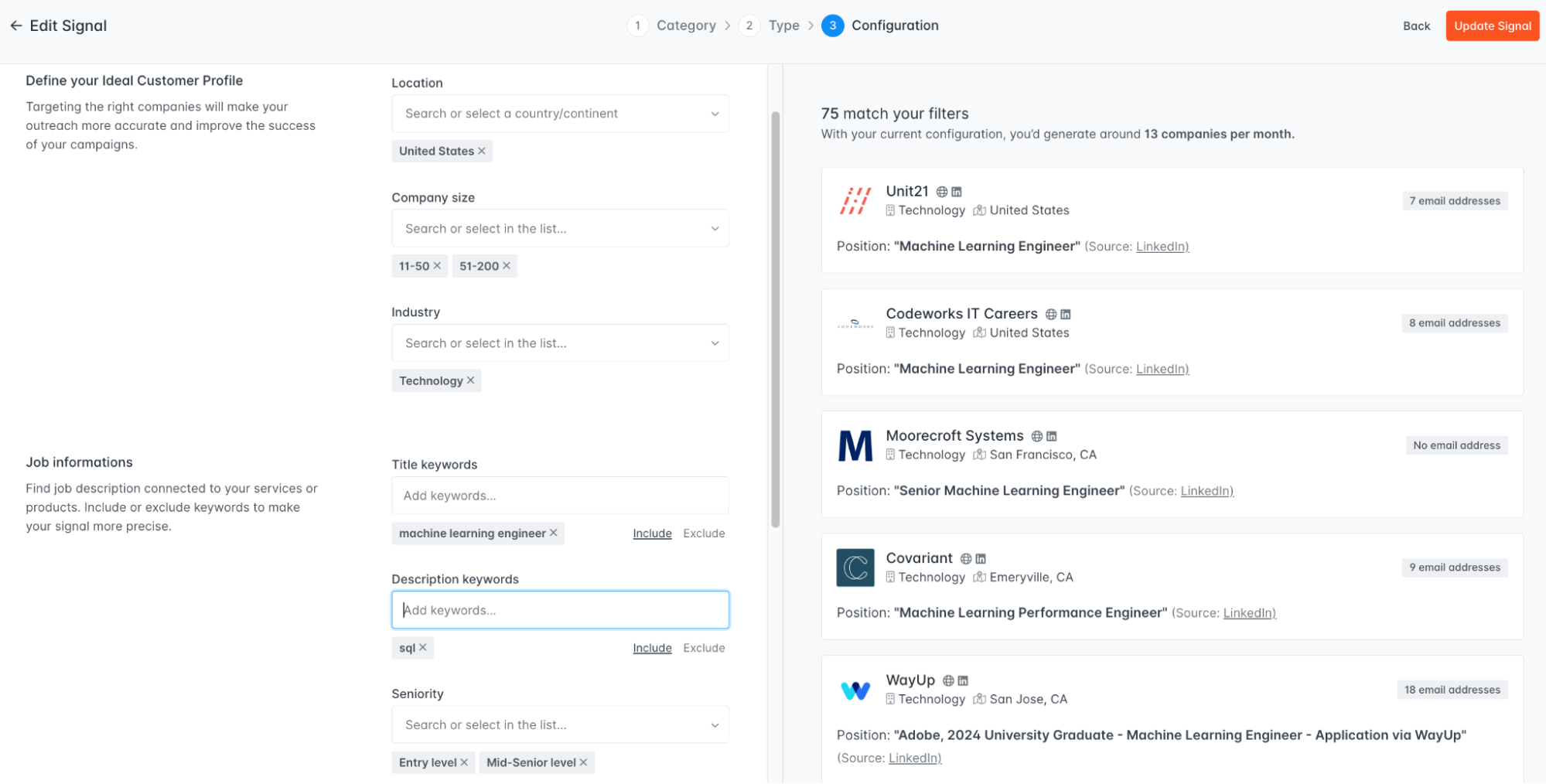 Hunter Signals user interface with a signal configured to find companies hiring machine learning engineers