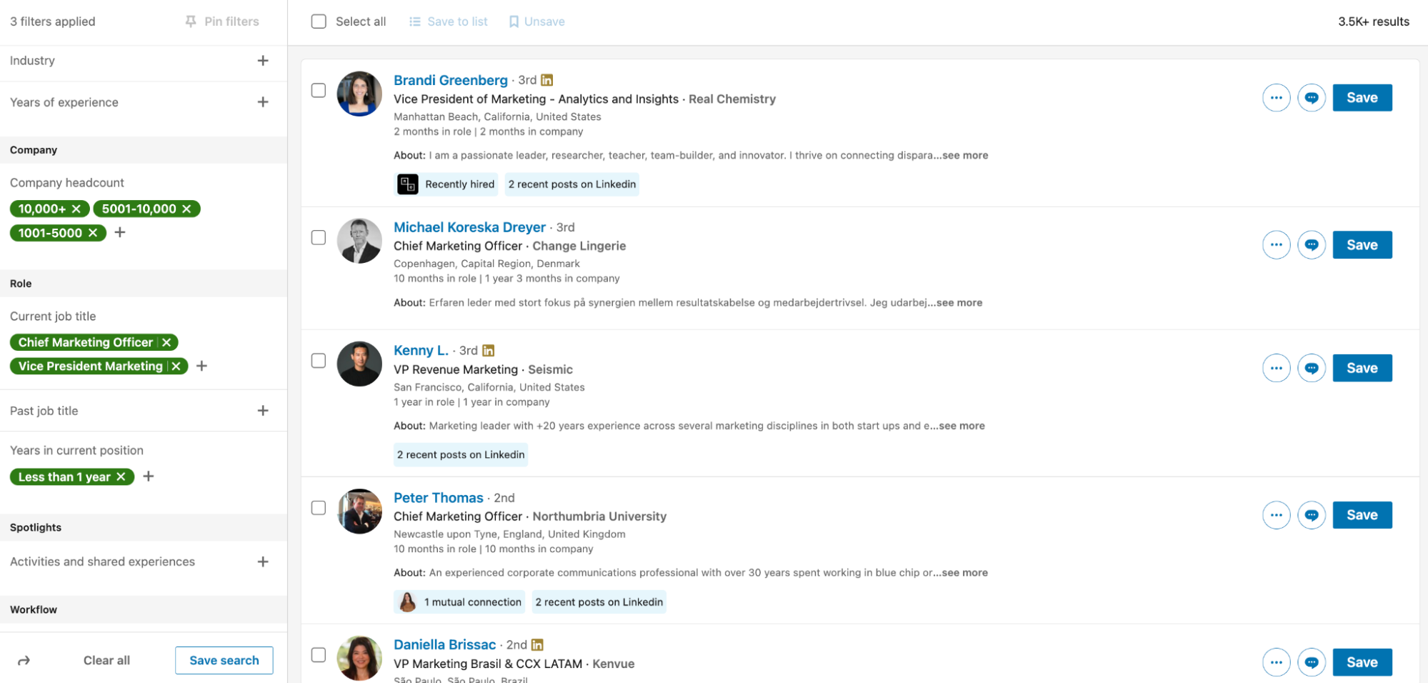 LinkedIn Sales Navigator with filters applied
