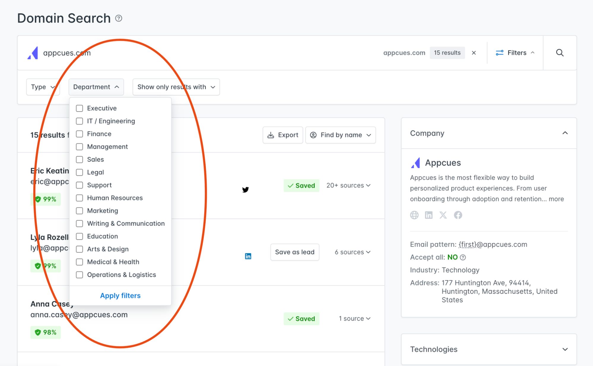 Hunter Domain Search filtering by department