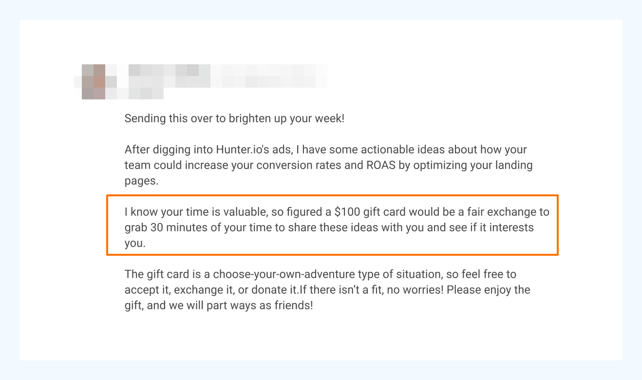 a cold email offering monetary value to the recipient