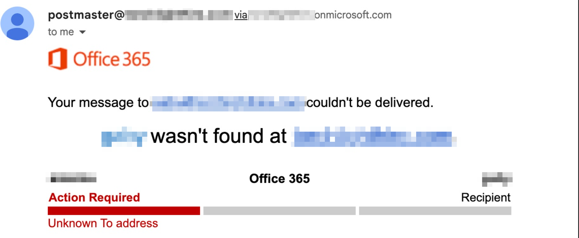 A bounce back message informing the sender that the recipient's email address doesn't exist